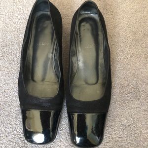 Bally Trives flats, black suade, patent cap toe